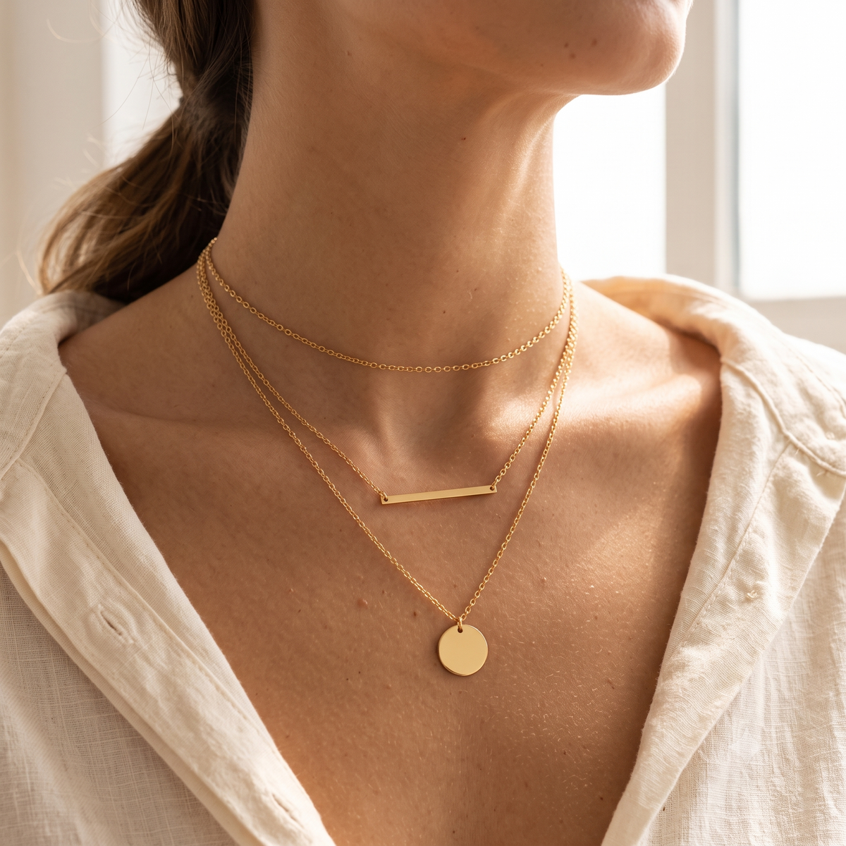 3pc Dainty Layered Choker Necklace Set • 14K Gold Plated Y-Pendant, Bar & Disc Multilayer Necklaces