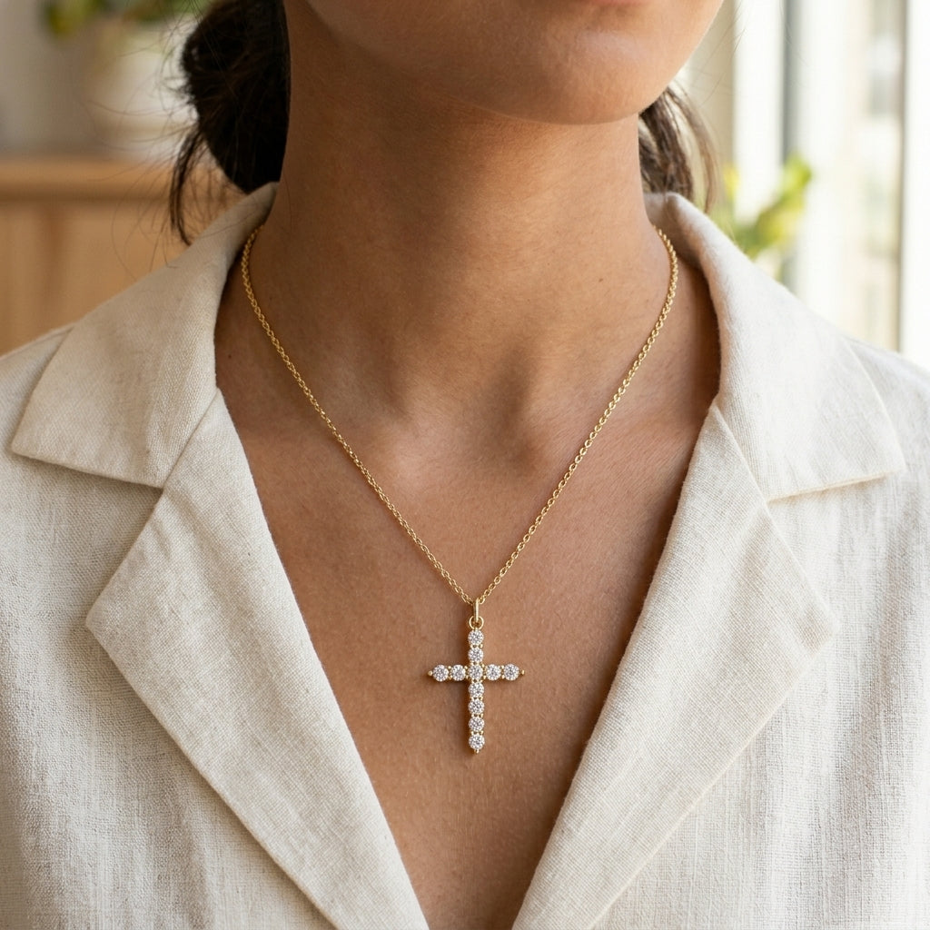 14K Gold Plated Dainty Cubic Zirconia Cross Necklace • Sparkling Pavé CZ Faith Pendant