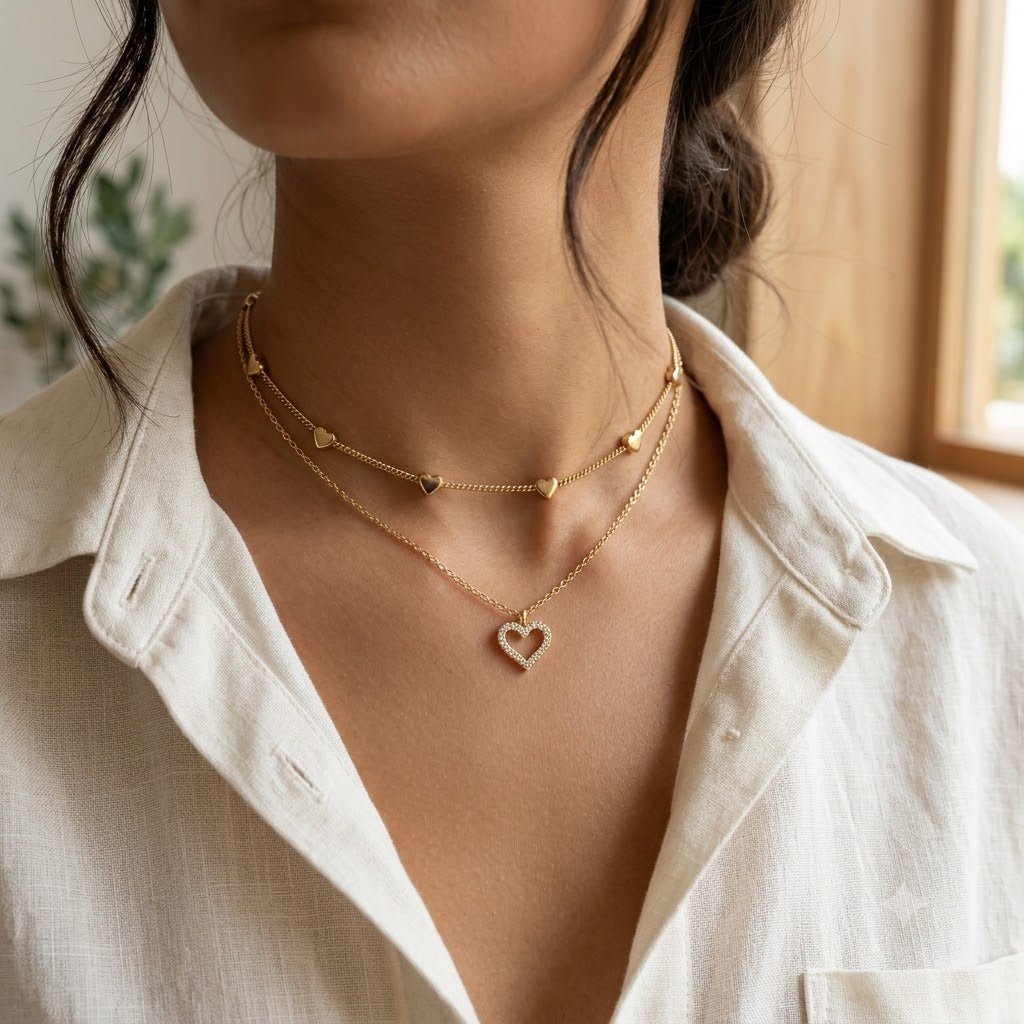 14K Gold Plated Double Layered Heart Choker Necklace • CZ Open Heart Pendant