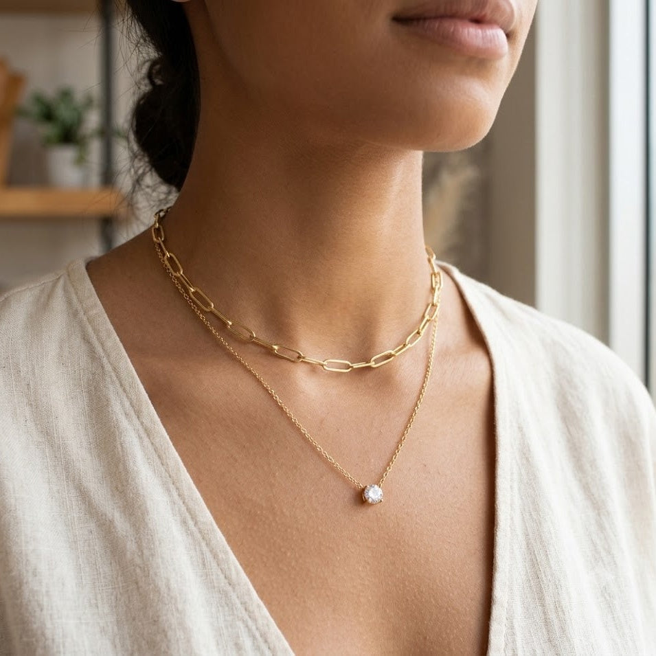 14K Gold Plated Layered Paperclip & Solitaire CZ Necklace • Dainty Double Chain Choker