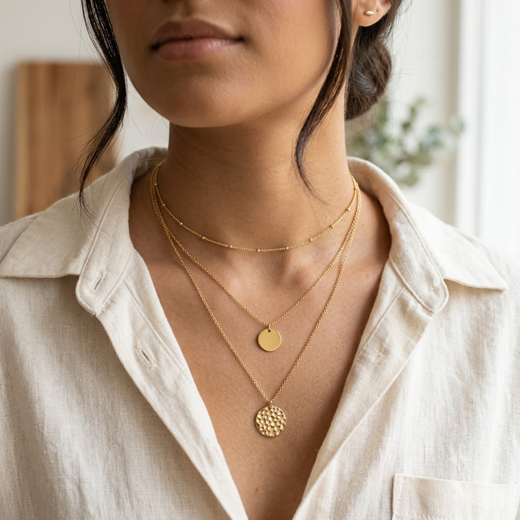 3pc 14K Gold Plated Layered Coin & Disc Pendant Choker Set