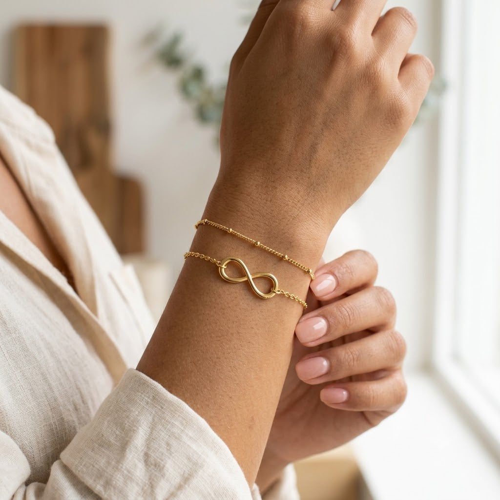 14K Gold Plated Layered Infinity Bracelet Set • Dainty Beaded Satellite Chain & Eternal Symbol Charm