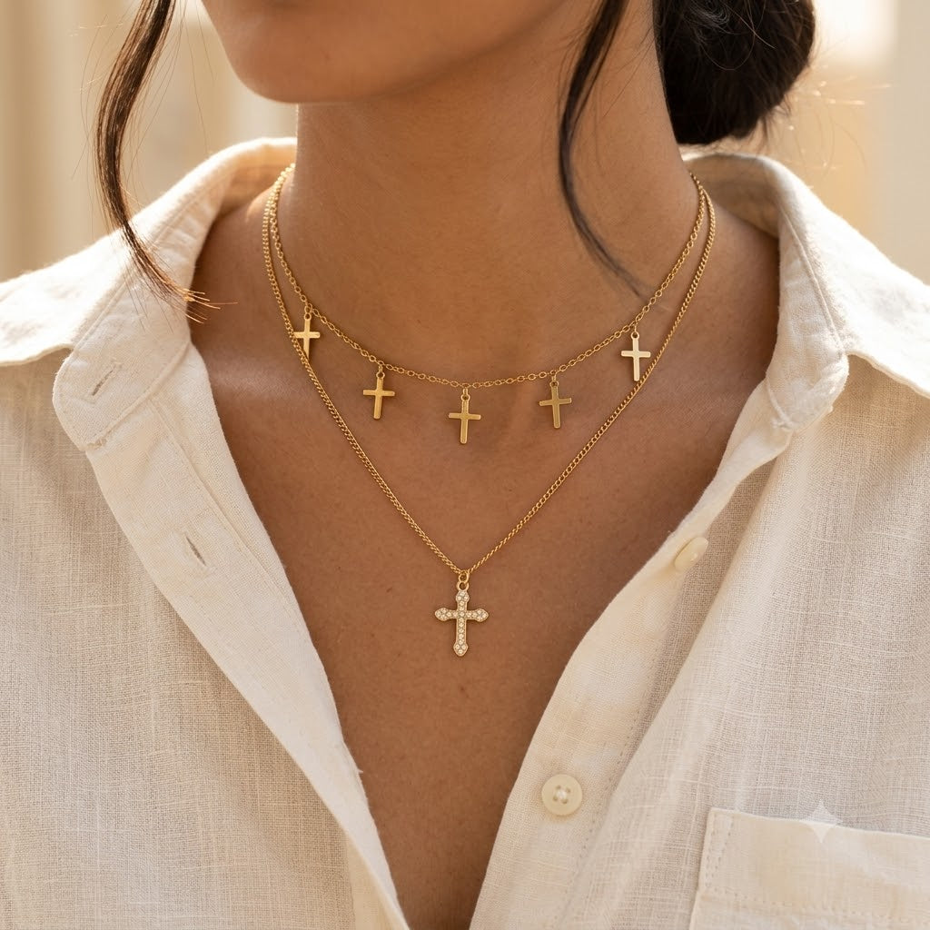 24K Gold Plated Cross Pendant Layered Choker Set • Pave Crystal Cross Necklaces