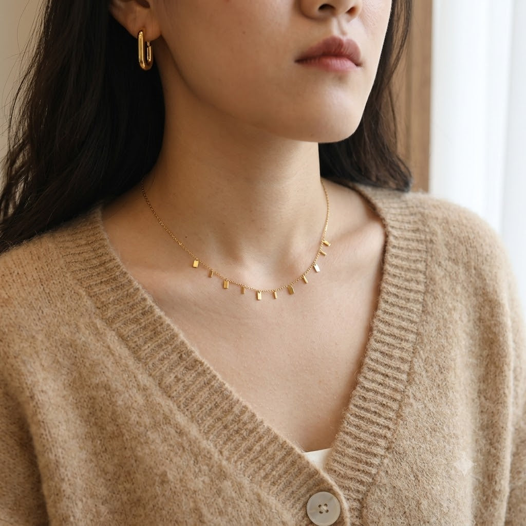18K Gold Plated Titanium Steel Dainty Rectangle Charm Choker Necklace • Waterproof & Tarnish-Free