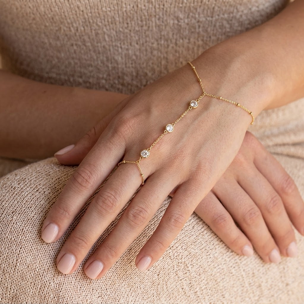 14K Gold Plated CZ Station Hand Chain Bracelet • Dainty Ring to Wrist Finger Chain