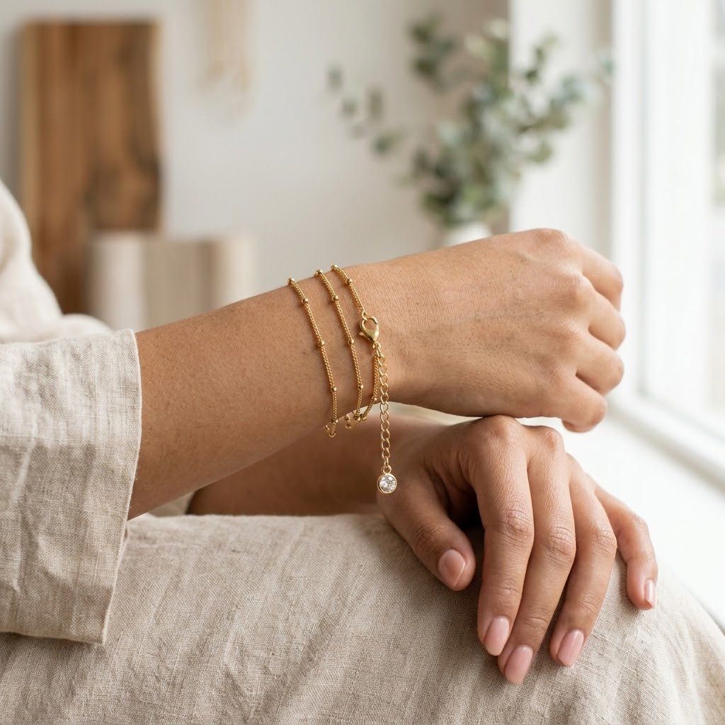14K Gold Plated Layered Satellite Chain Bracelet • Dainty Triple Layer Beaded Bracelet
