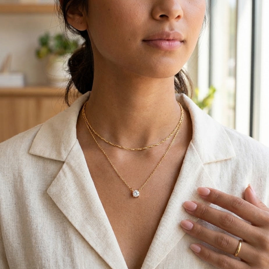 14K Gold Plated Layered Twisted Choker & Solitaire CZ Necklace • Dainty Double Chain Pendant